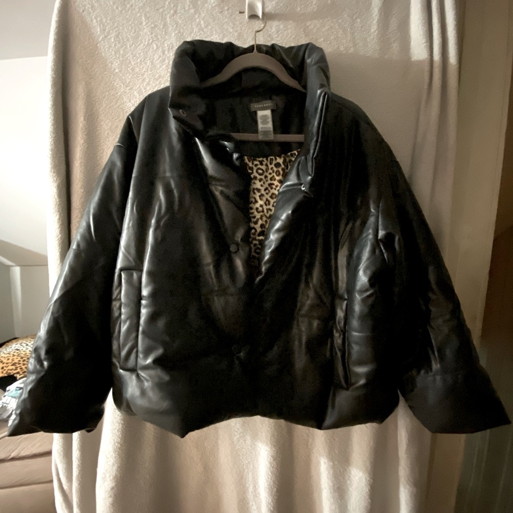 FAUX LEATHER SANS SOUCI PUFFER JACKET WOMENS SIZE LARGE BLACK